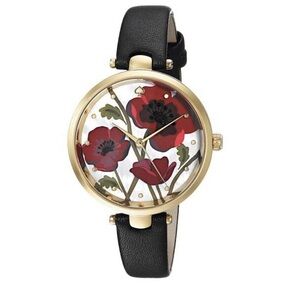 Kate Spade Poppy Woman’s Holland Watch Red Gold Black Leather Strap